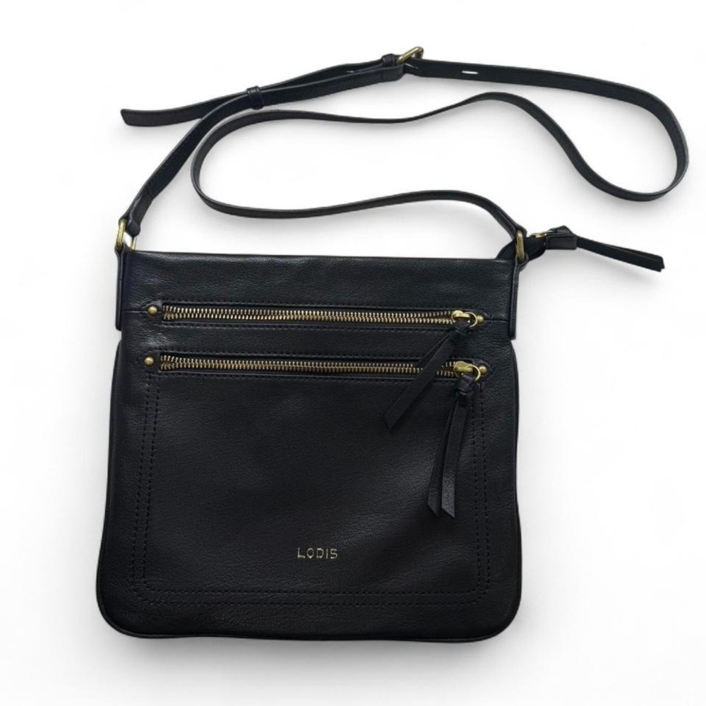 Lodis Hillary Crossbody Bag Black Pebbled Leather Organizer Brass Hardware